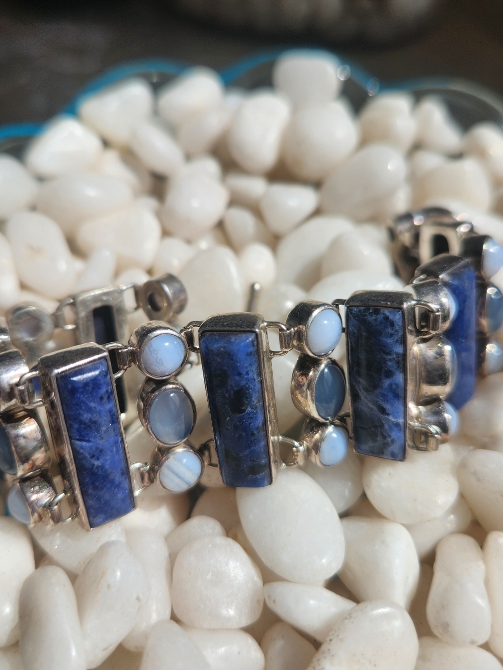 Vintage 925 PB Sterling Silver Blue Sodalite And Chalcedony Link Bracelet